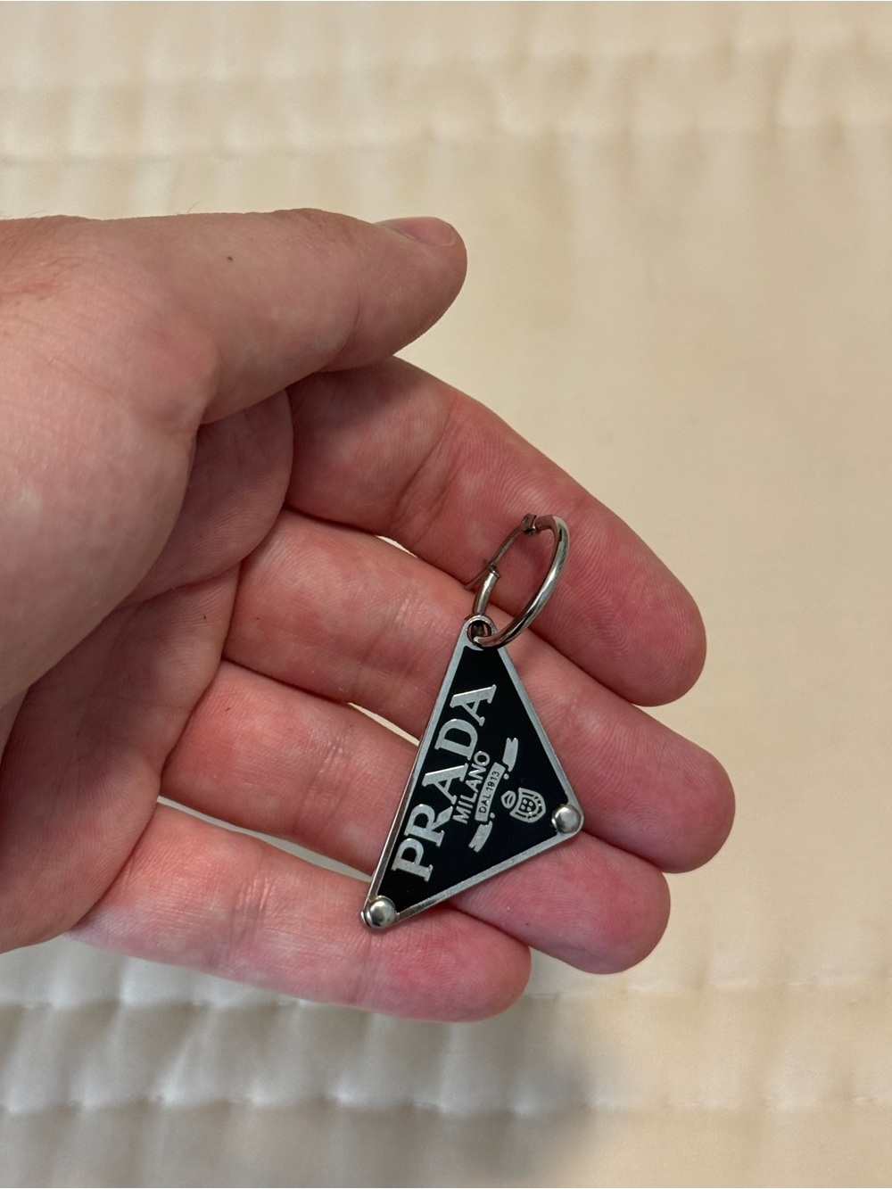 Prada Black and Silver Triangle Logo Earring